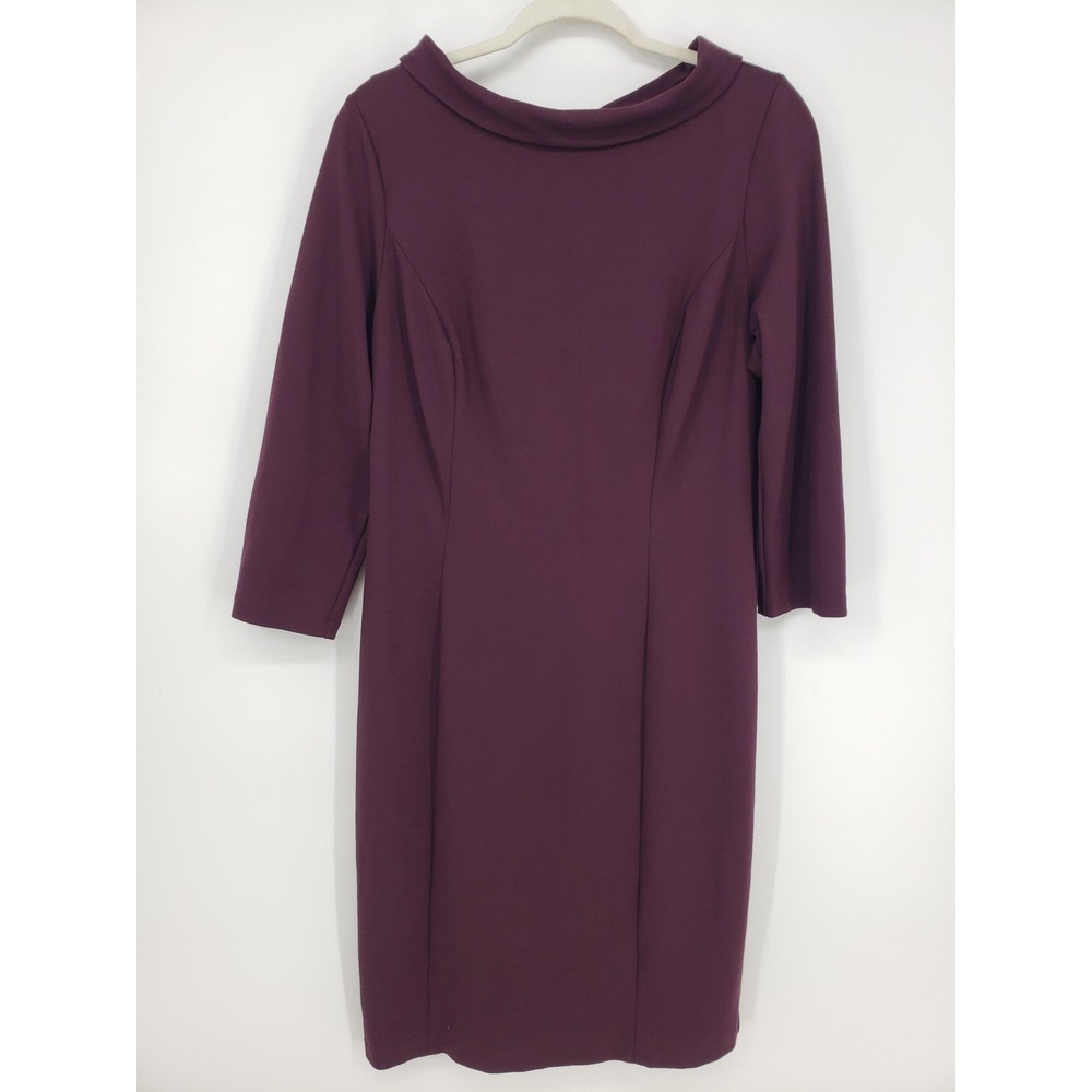 Talbots Sheath Dress 10 Burgundy Ponte Knit 3/4 Sleeve Boat Neck Knee Length